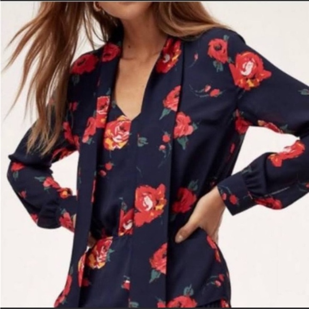 Babaton lucas floral tie neck long sleeve elastic peplum blouse.
